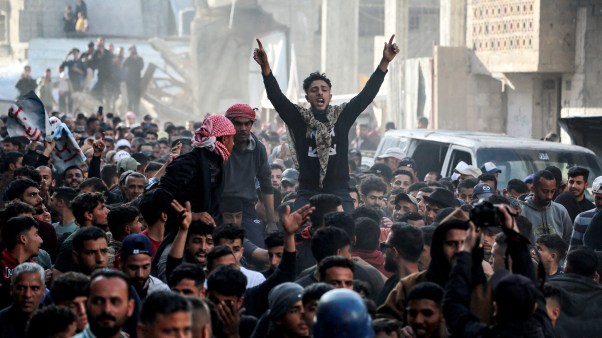 Palestinians take part in an anti-Hamas protest, calling for an end to the war with Israel, in the northern Gaza Strip.