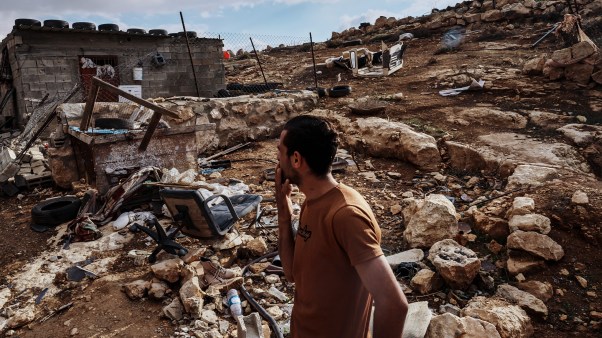 A home and farmland damaged by Israeli settlers who trespassed and vandalized property in the West Bank.