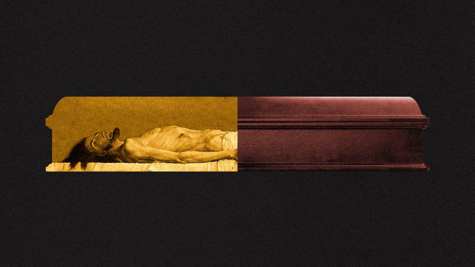 A collage of Jesus' corpse and a coffin.