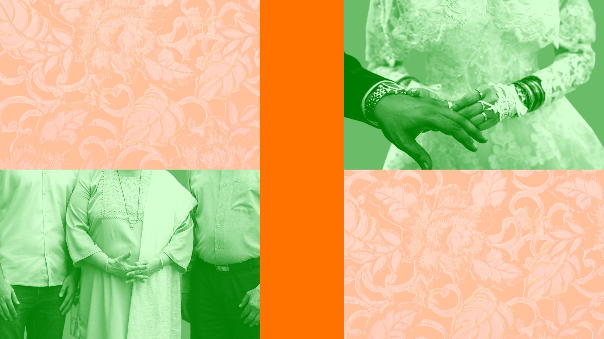 A collage showing a wedding and a disapproving family.