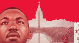 MLK Jr. church postage stamp on a red background.
