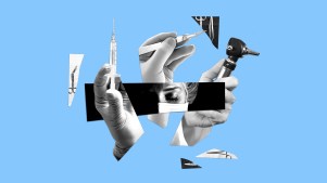 A doctor with her eyes closed surrounded by different hands holding medical equipment