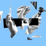 A doctor with her eyes closed surrounded by different hands holding medical equipment