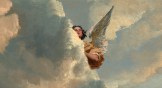 An angel peeking out from behind clouds.