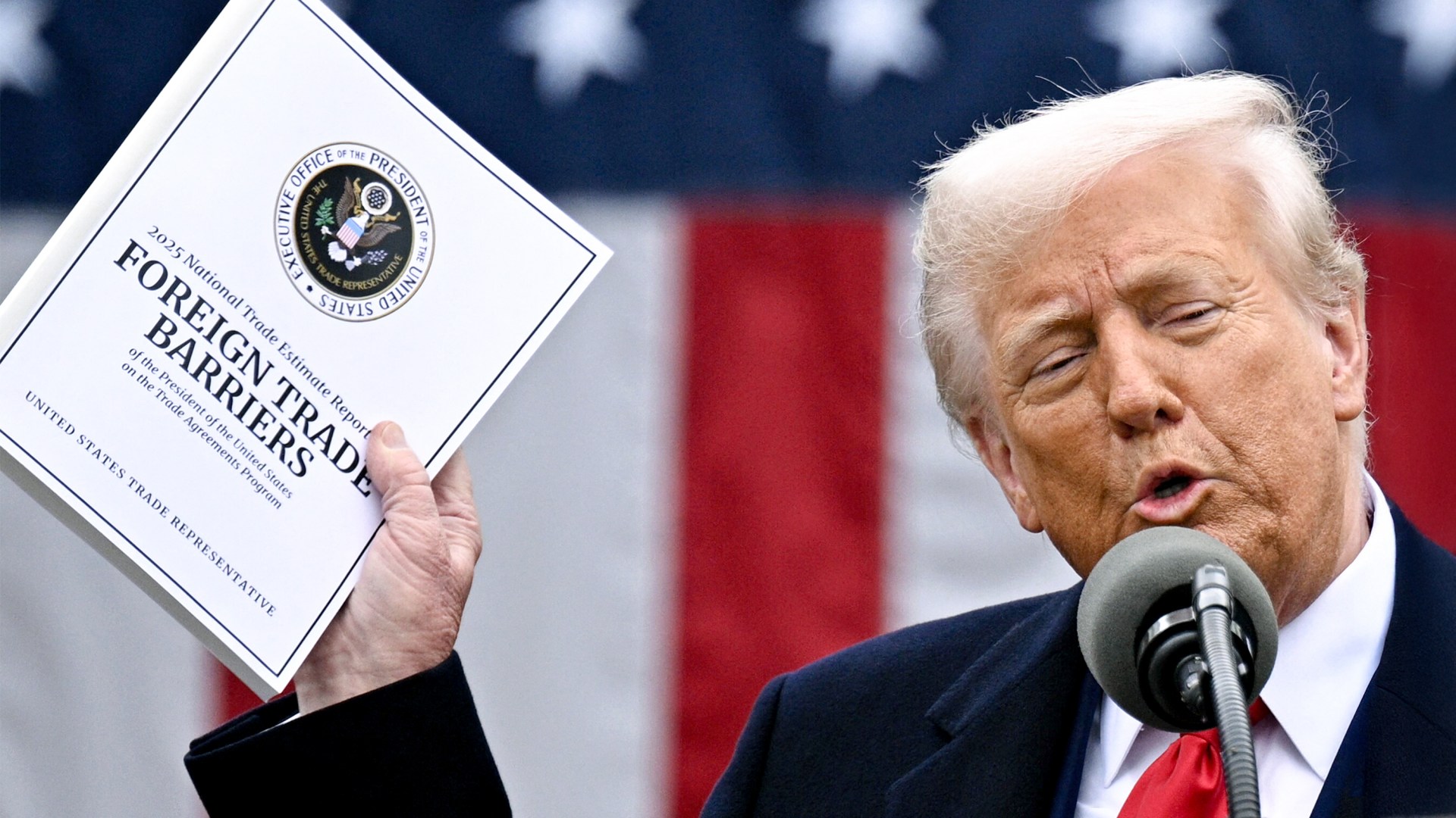 US President Donald Trump delivers remarks on reciprocal tariffs at the White House.