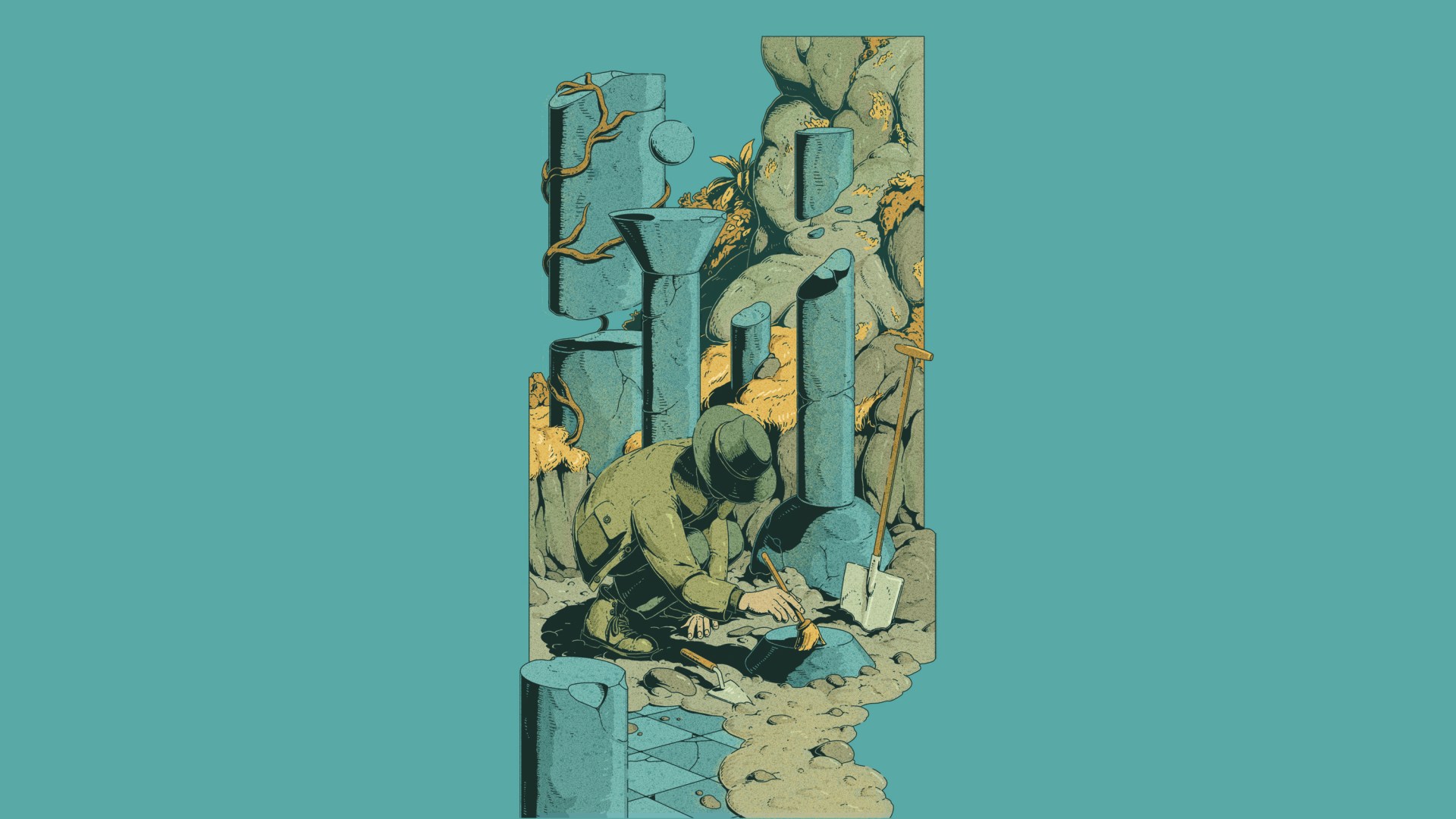 A person dusting off columns