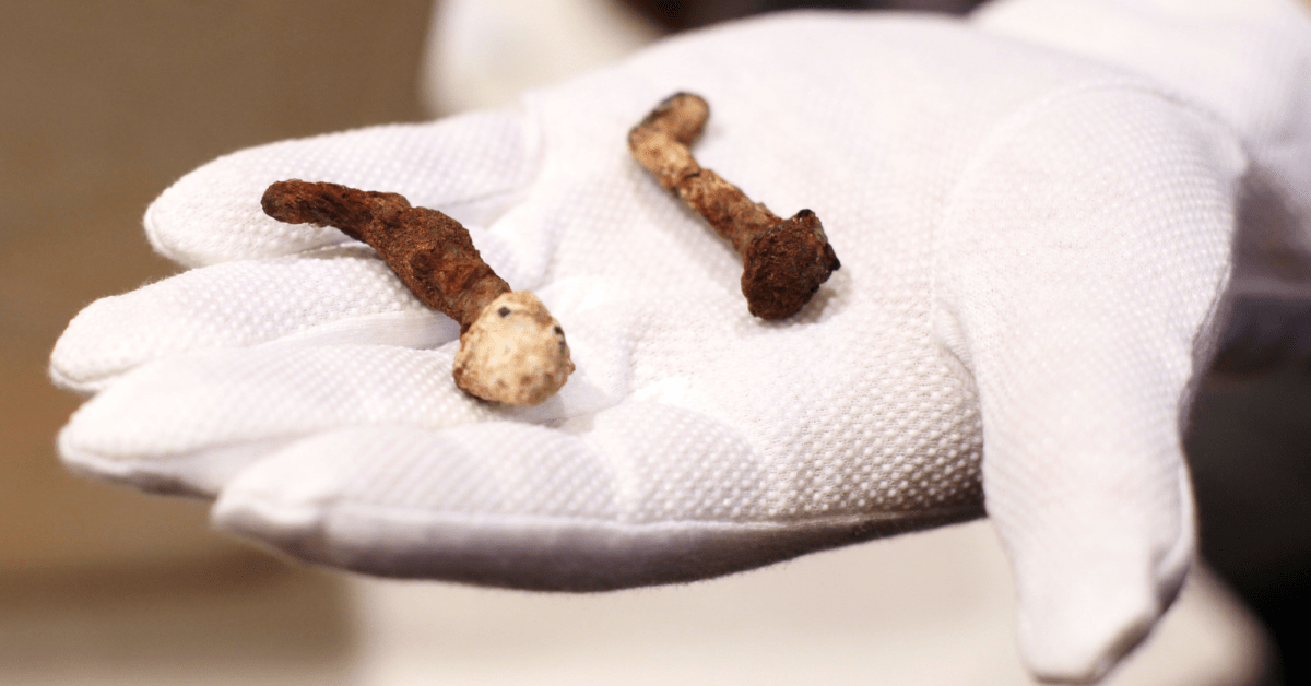 Two historic crucifixion nails held in a gloved hand.
