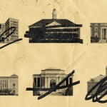 Two rows of university buildings with a few scribbled out