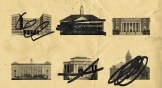 Two rows of university buildings with a few scribbled out
