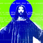 Jesus on a green background with code.