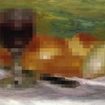 A painting of a glass of wine and some bread by Pierre Auguste Renoir. The glass of wine and bread is pixelated.