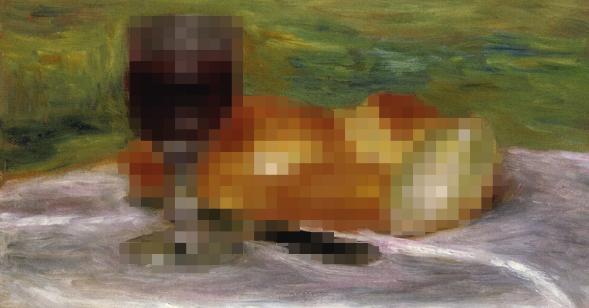 A painting of a glass of wine and some bread by Pierre Auguste Renoir. The glass of wine and bread is pixelated.