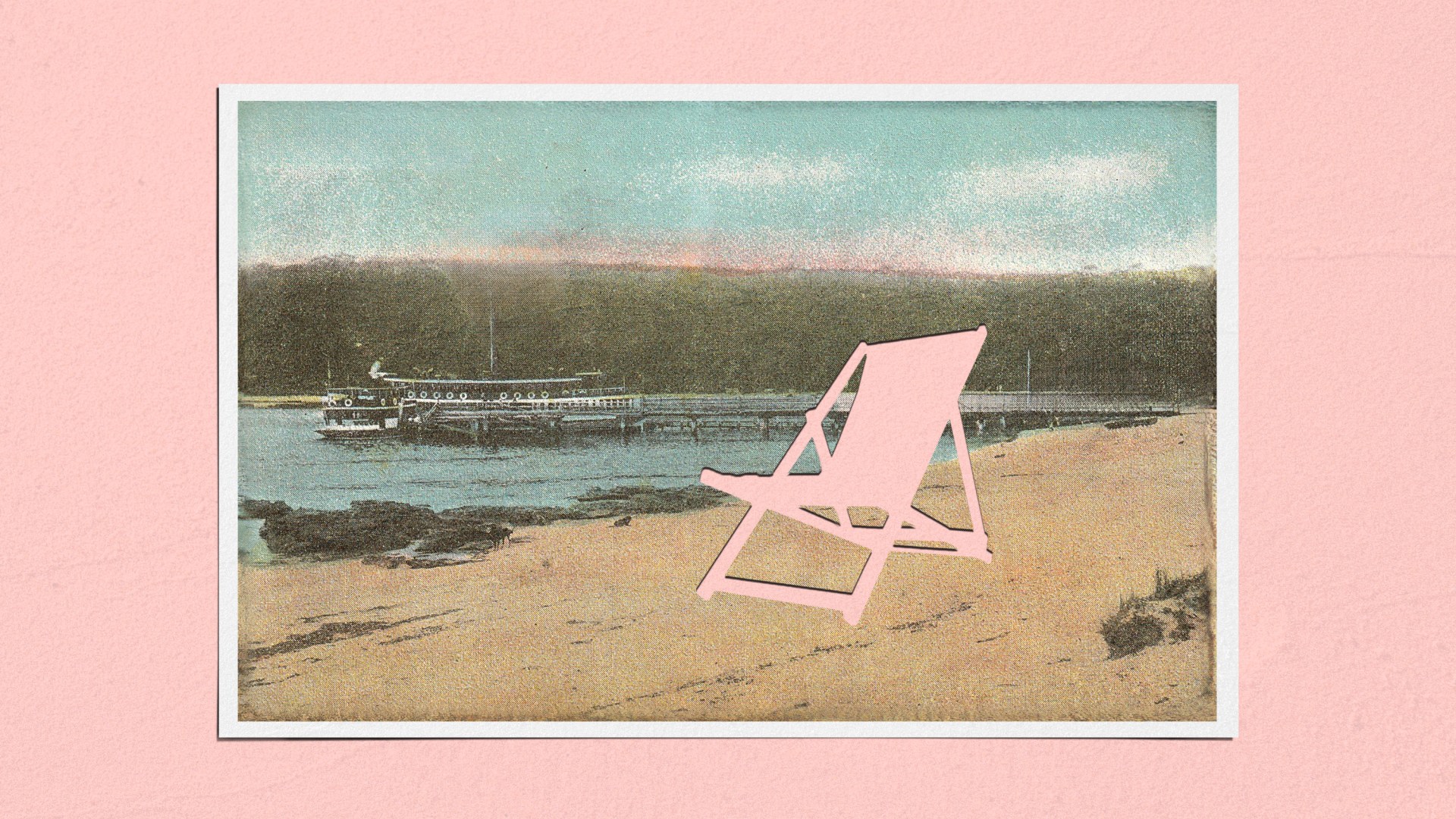A post card of a beach with a beach chair shape missing from it.