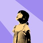 Young child looking up towards light on a purple background.