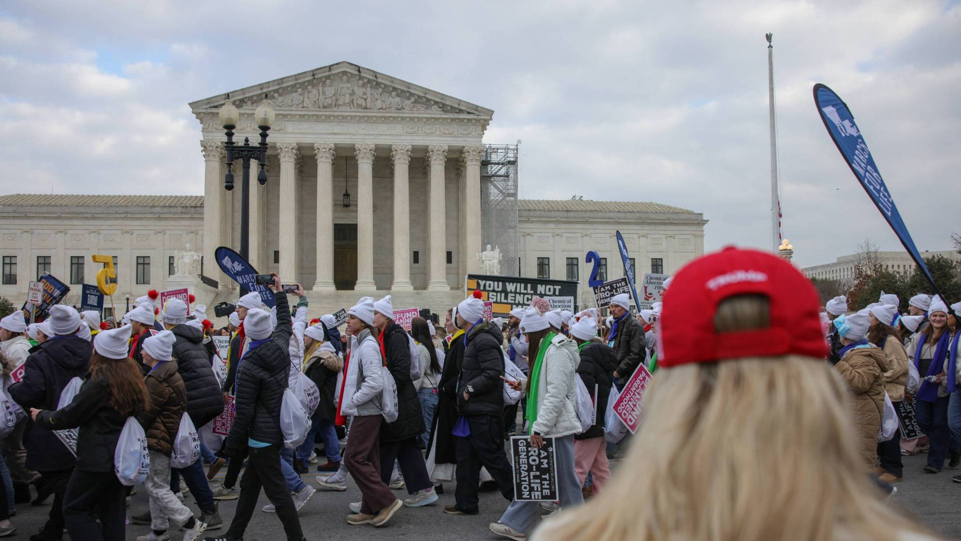 March for Life participants demonstrate in front of the Supreme Court in Washington, DC