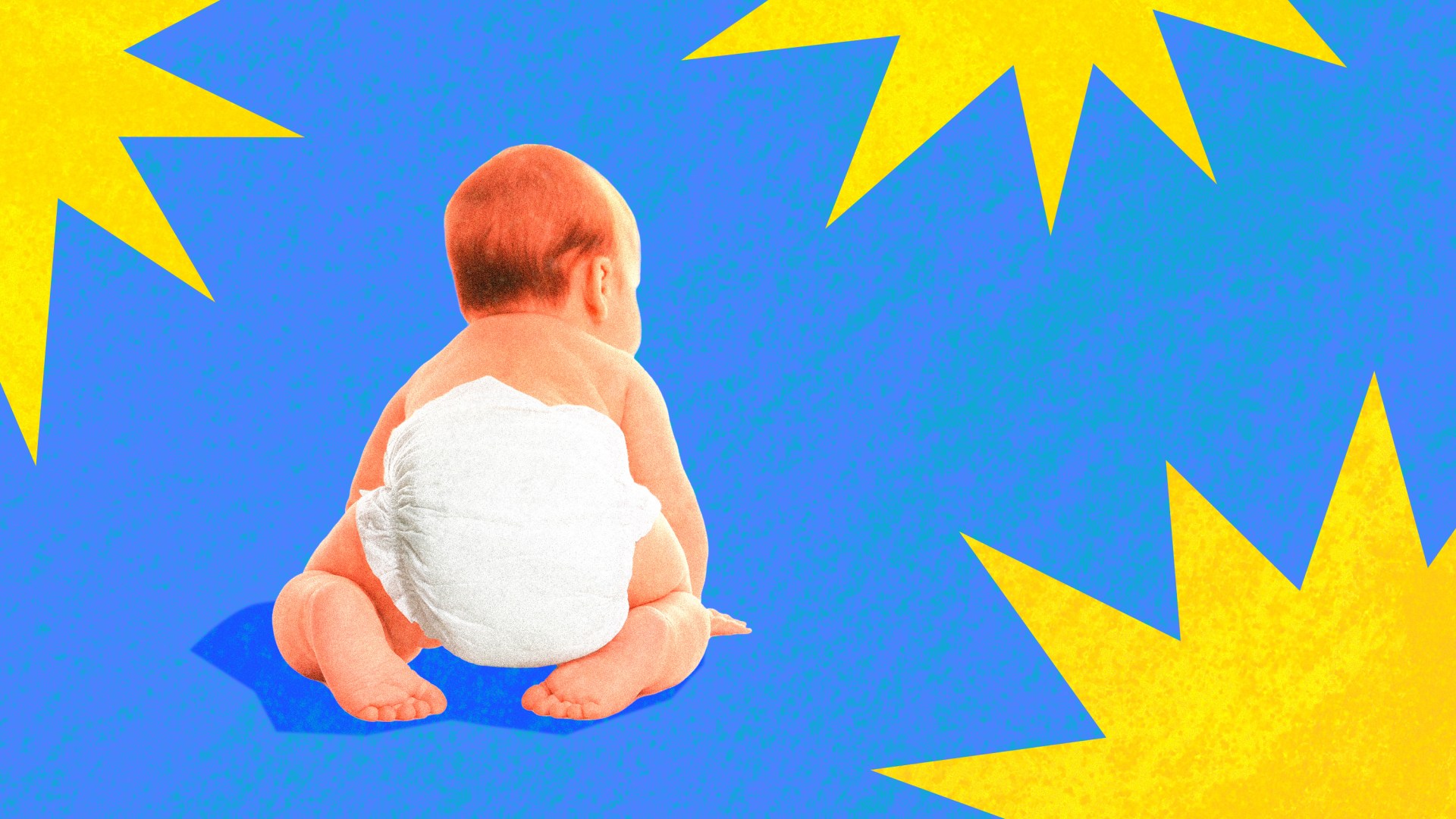 A collage of a baby wearing a diaper and golden star shapes.