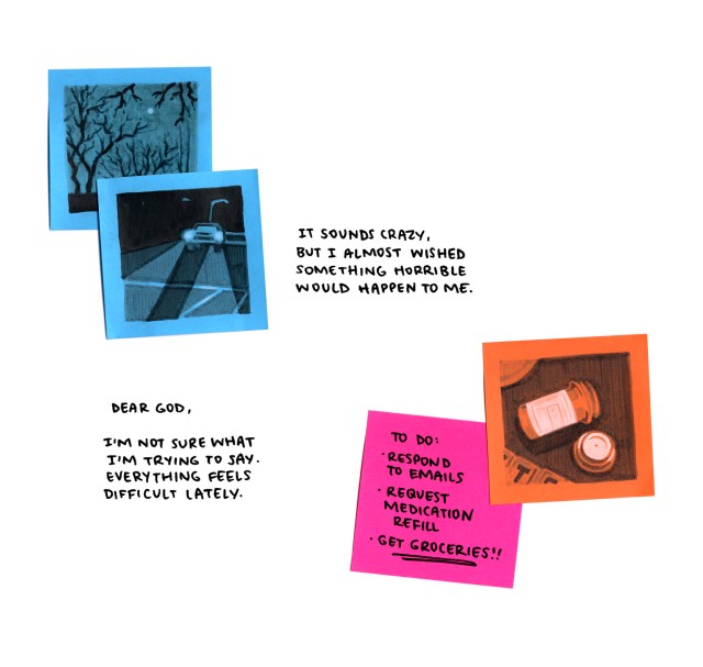 Post-it notes of a car and pill bottle