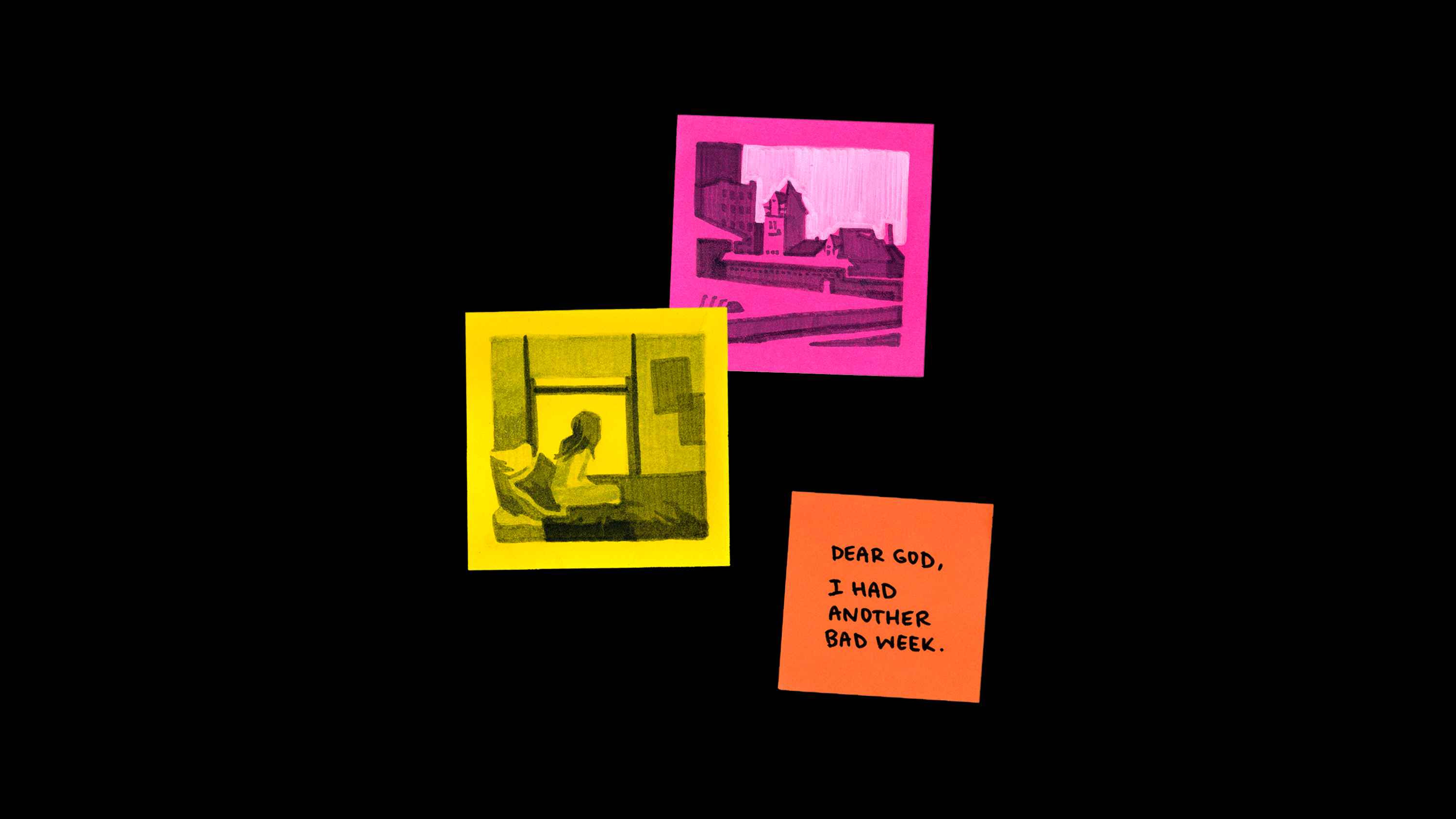 Three post-it notes with illustrations on them