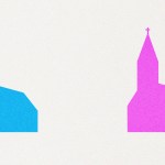 An illustration of a pink church and a blue church separated from each other.