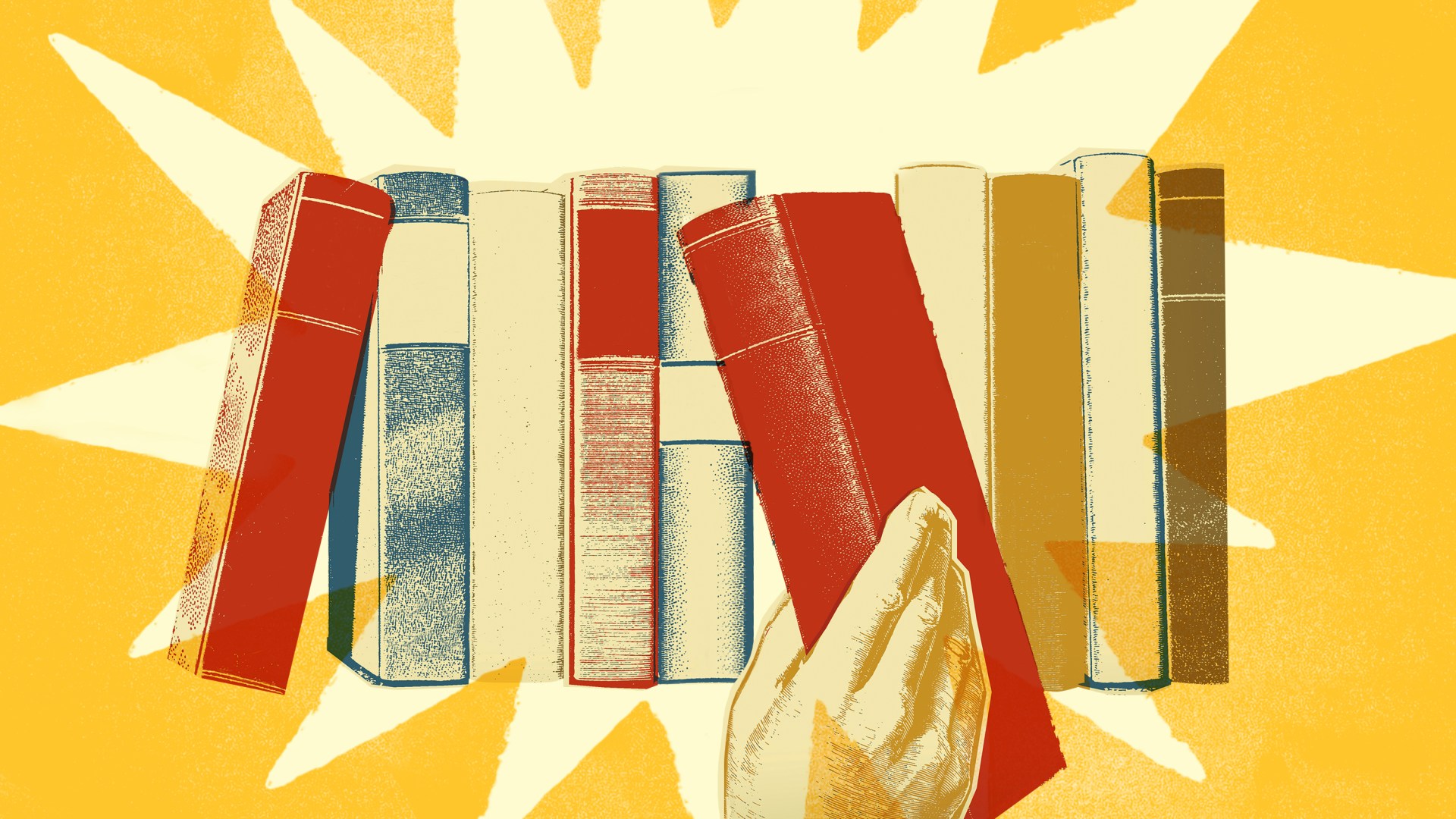 A hand pulling a book off of a shelf