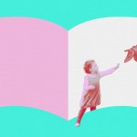A child stepping into a book reaching for Jesus' hand