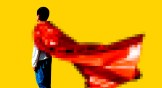 A boy wearing a red hero cape that is glitching and pixelated.