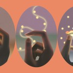 Three ovals containing hands holding glowing points of light on an orange background.