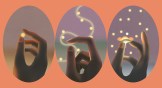 Three ovals containing hands holding glowing points of light on an orange background.
