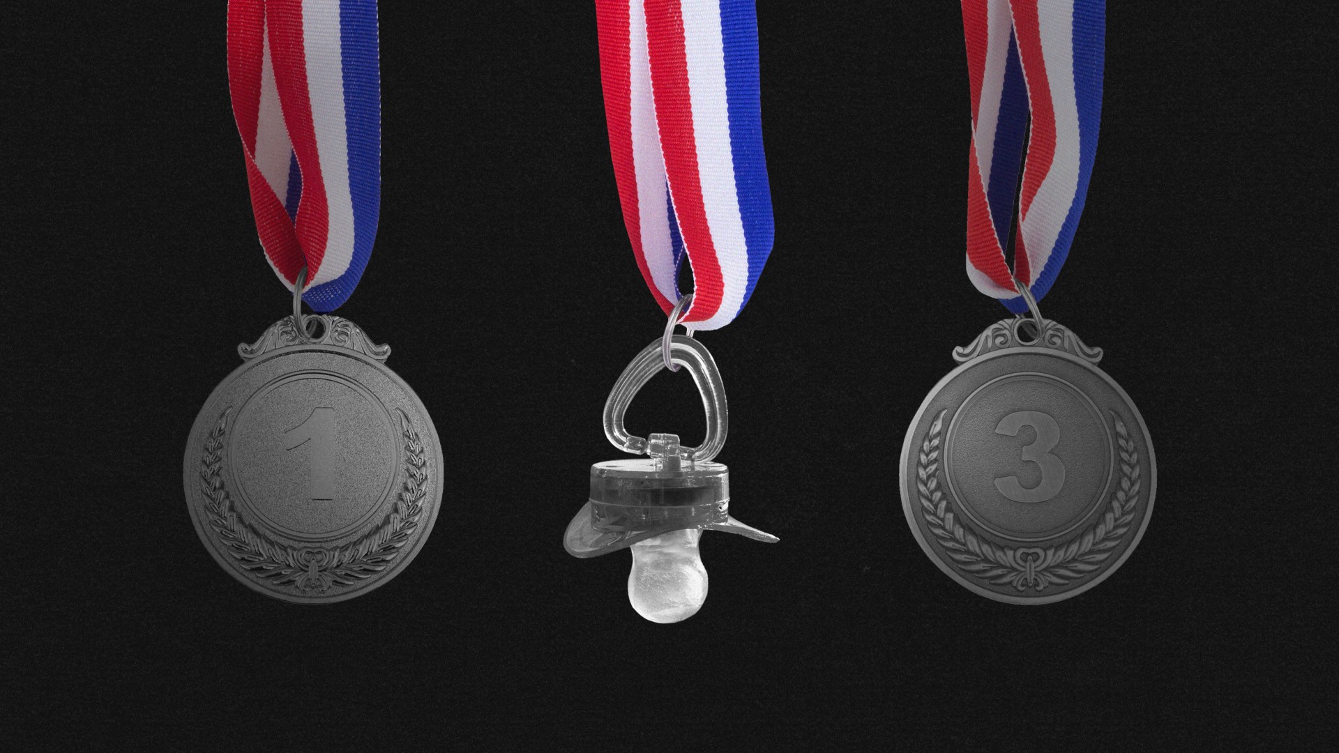 Three medals hanging up, but the middle medal is a baby pacifier.