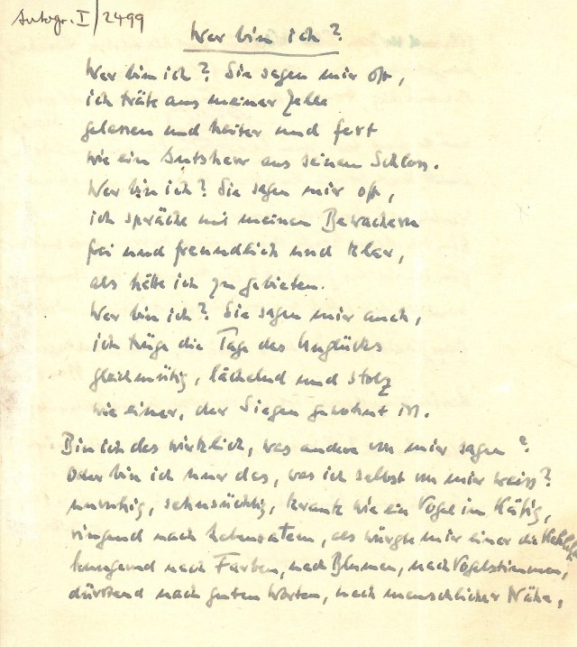 A handwritten copy of Dietrich Bonhoeffer’s poem “Who Am I?” written in 1944, during his time in prison.