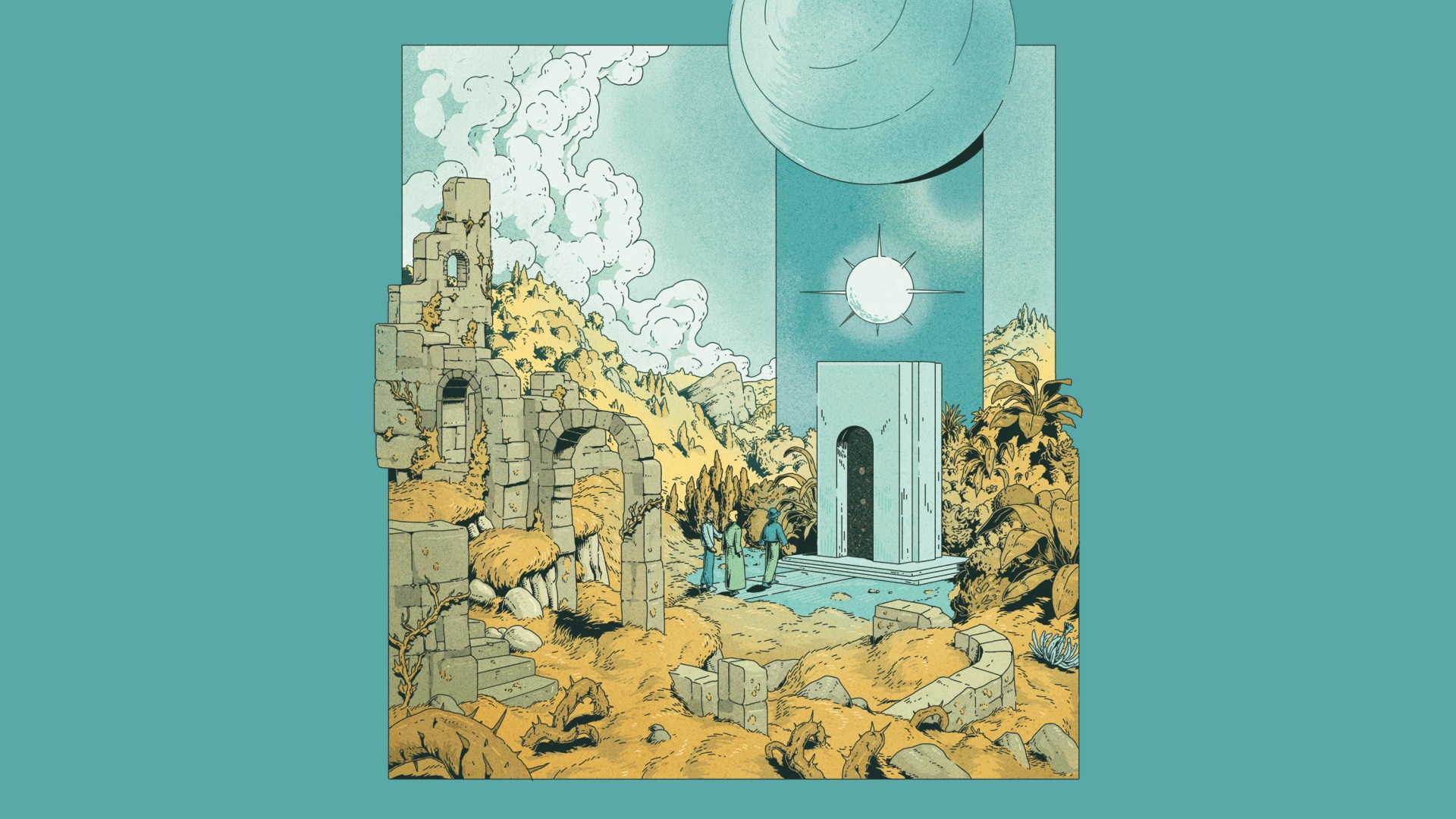 People walking into a doorway