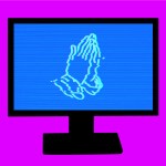 Glitching praying hands on a computer screen.