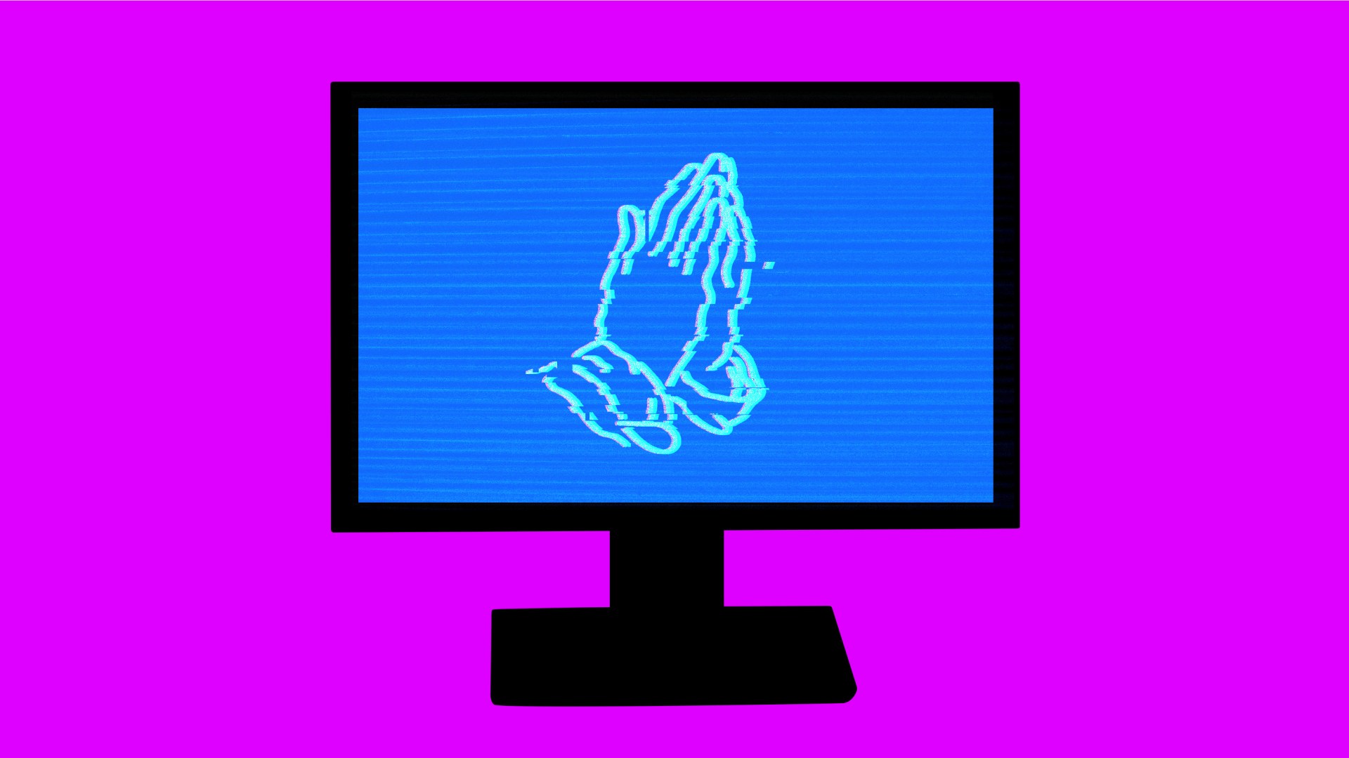 Glitching praying hands on a computer screen.