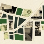 A street level map with pieces made of money and photos of poor neighborhoods