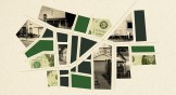 A street level map with pieces made of money and photos of poor neighborhoods