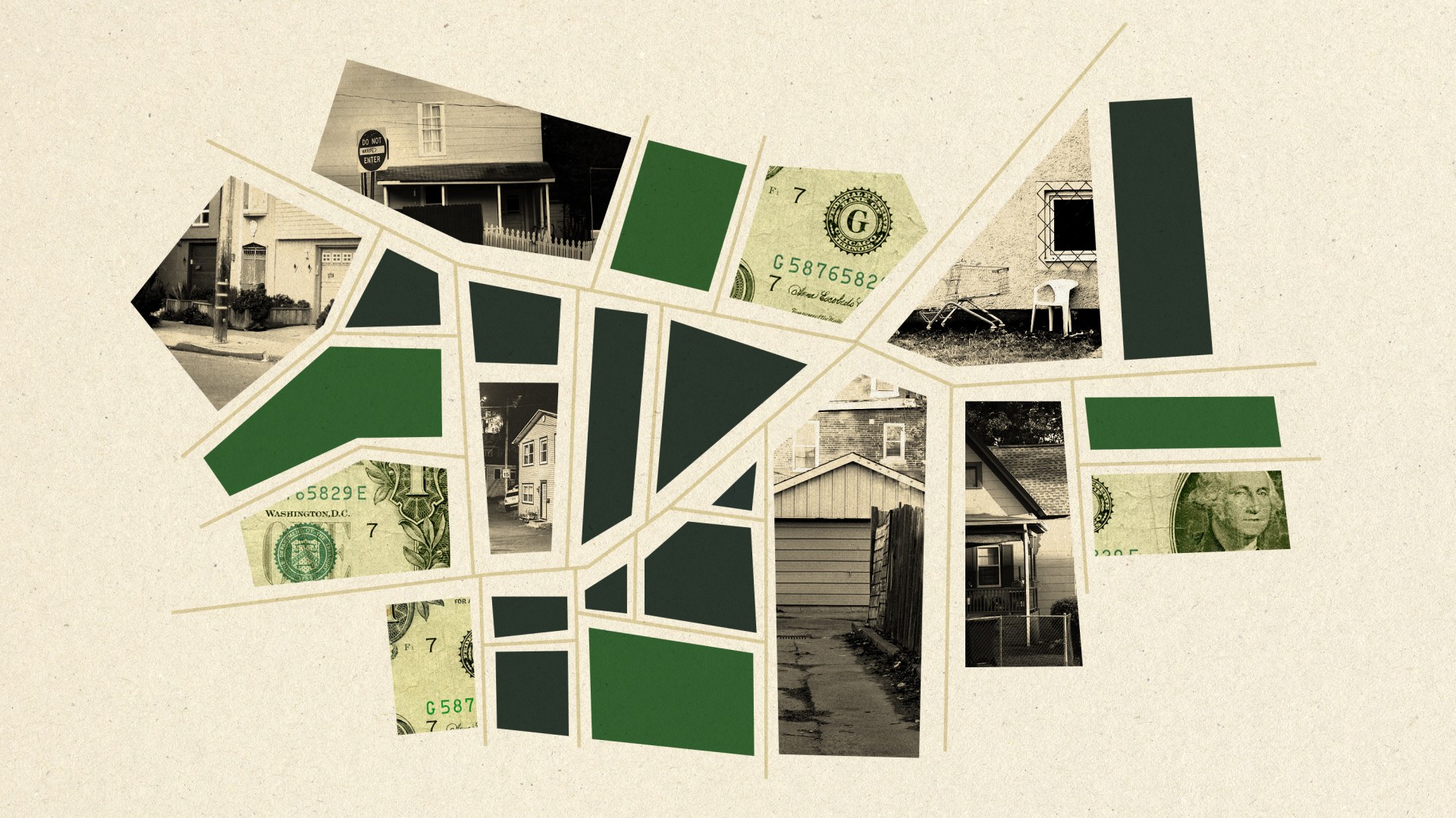 A street level map with pieces made of money and photos of poor neighborhoods