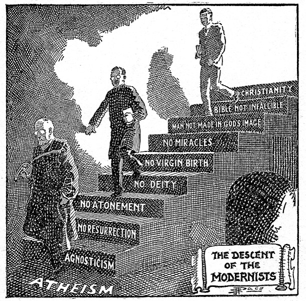 “The Descent of the Modernists,” by E. J. Pace, published alongside William Jennings Bryan’s Questions in Dispute series in The Sunday School Times (1924).