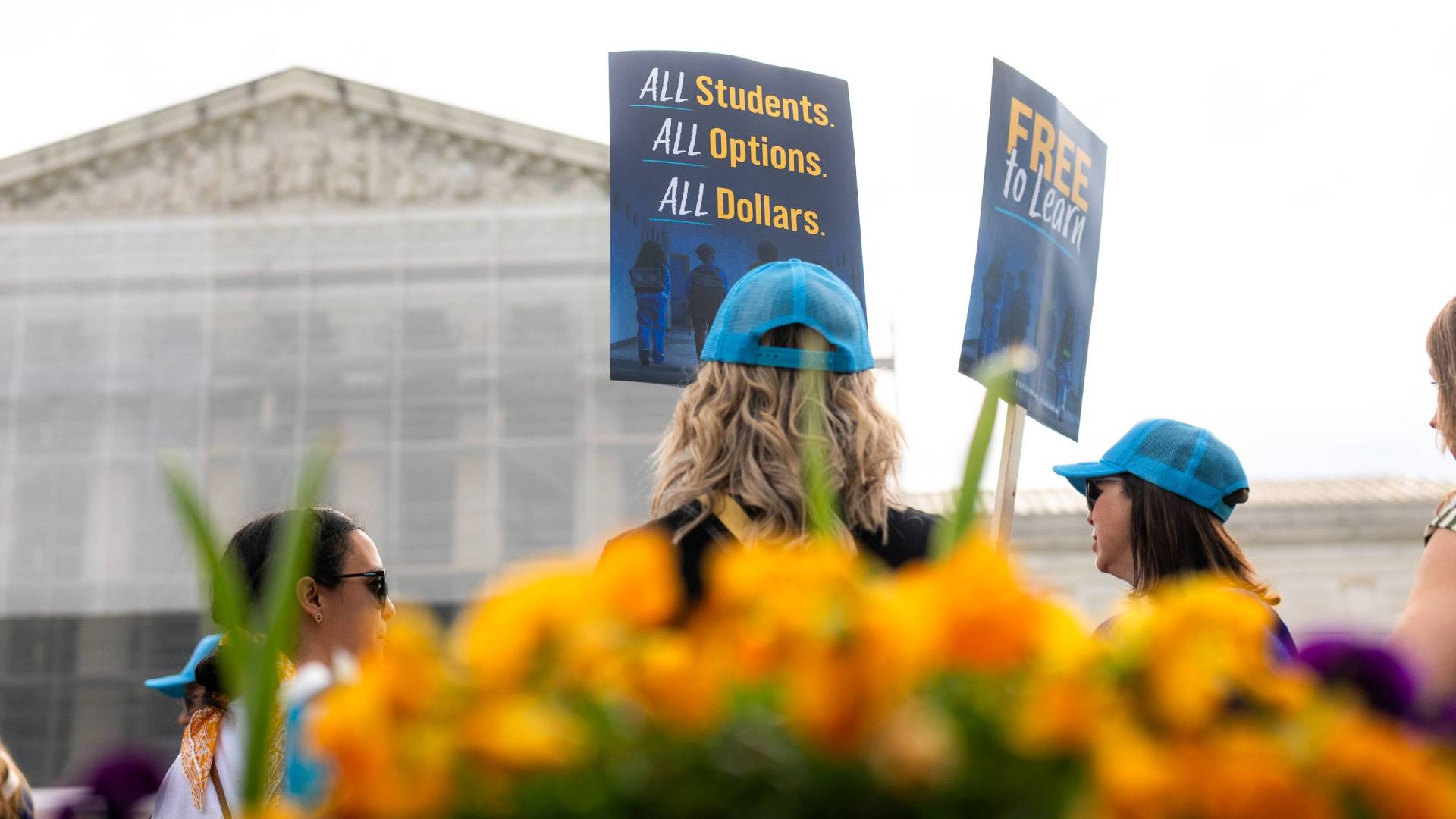 Demonstrators stand in front of the Supreme Court with signs