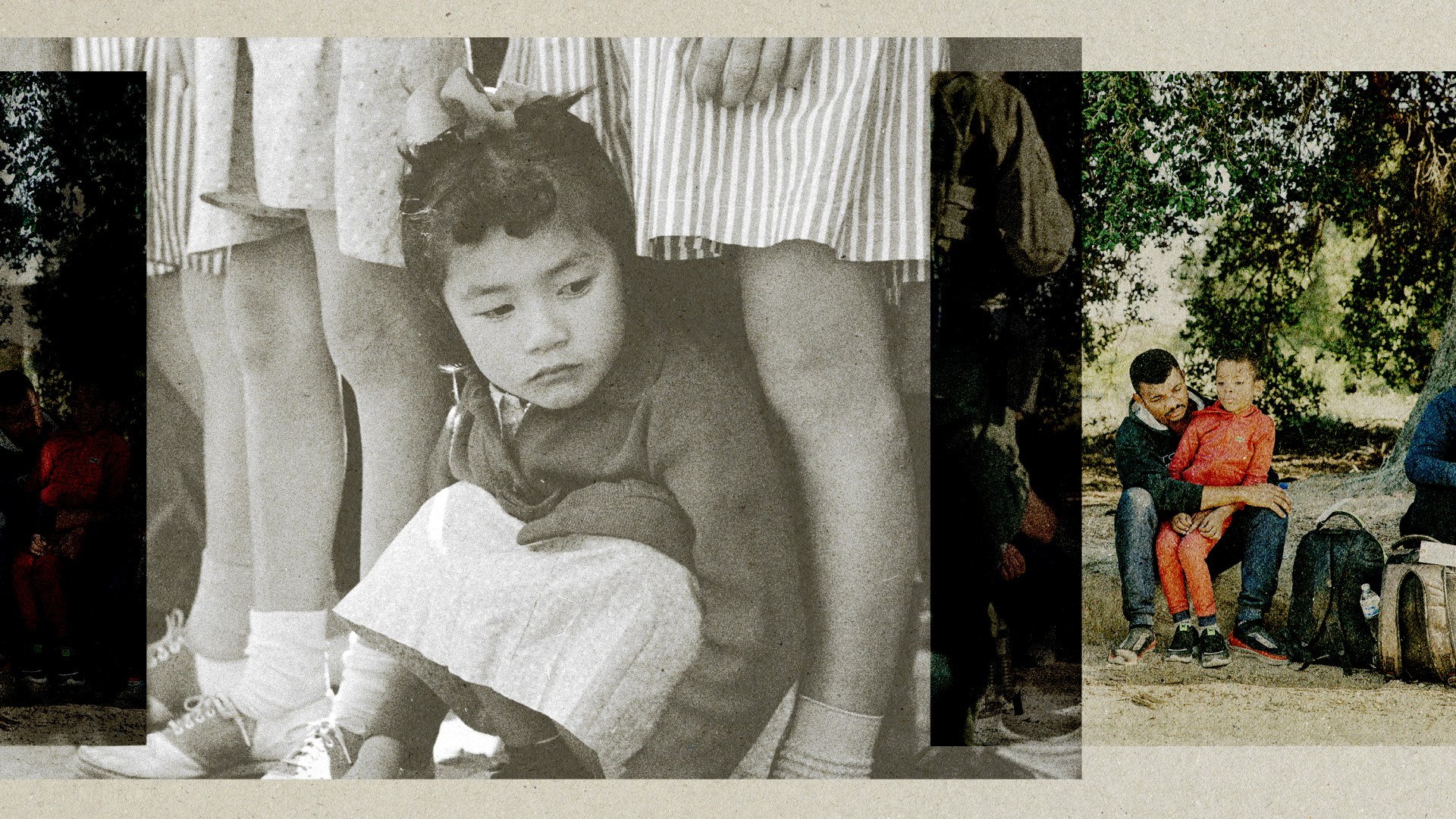 A Japanese American girl sitting in an internment camp and an immigrant and his son sitting on the ground