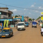 Street scene with motor scooters in Lome, Togo.