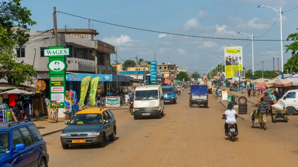 Street scene with motor scooters in Lome, Togo.
