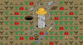 A digital scarecrow tending to the land and watering a crop.