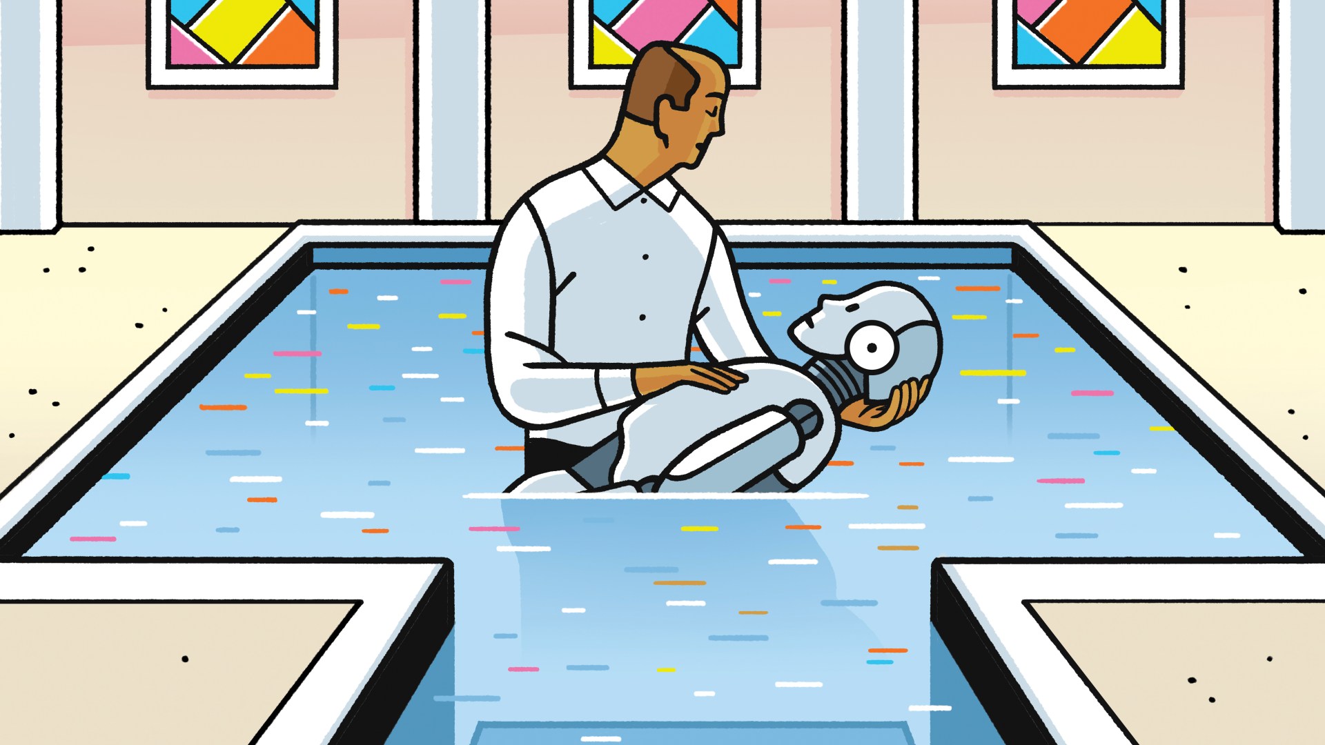 A pastor in a church baptizing a robot