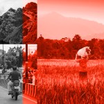 An illustration featuring a composite of three images: a mountain landscape, a busy street in India, and a farmer somewhere in Asia.