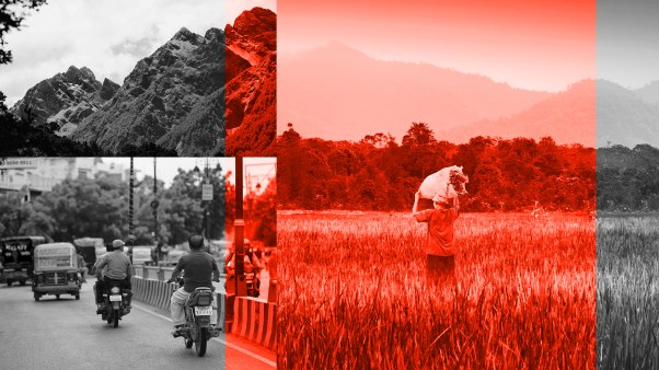 An illustration featuring a composite of three images: a mountain landscape, a busy street in India, and a farmer somewhere in Asia.