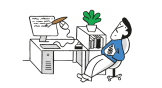 An illustration of a man sitting at an office desk, while his computer autonomously types a message.
