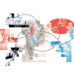 A digital collage combining a scientific illustration of the human body with photos of doctors and researchers.