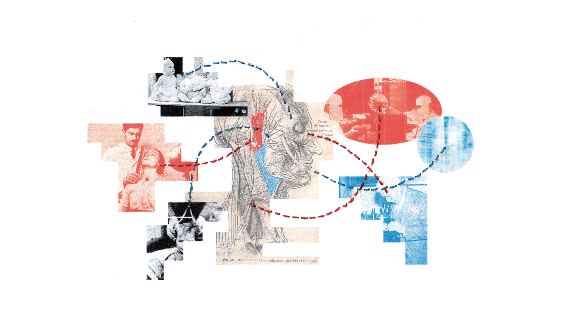 A digital collage combining a scientific illustration of the human body with photos of doctors and researchers.