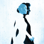 The silhouette of a middle-aged woman, with a drawing of a kind of cyborg inside her.