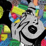 Pop art cartoon woman in distress with dripping legos overwhelming her.